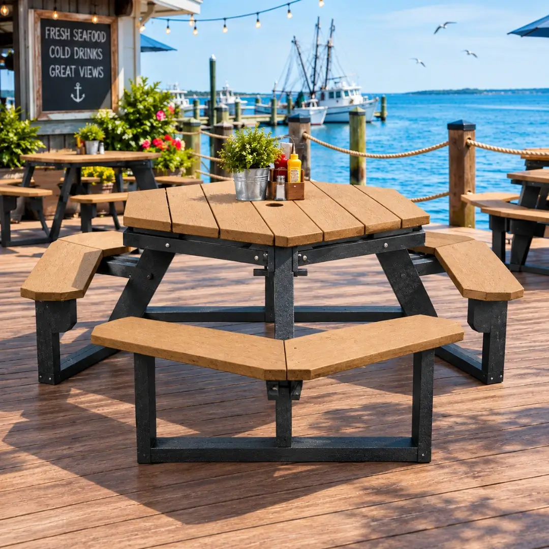 Hexagonal picnic table with tan planks and a black frame on a waterfront seafood restaurant deck overlooking fishing boats.